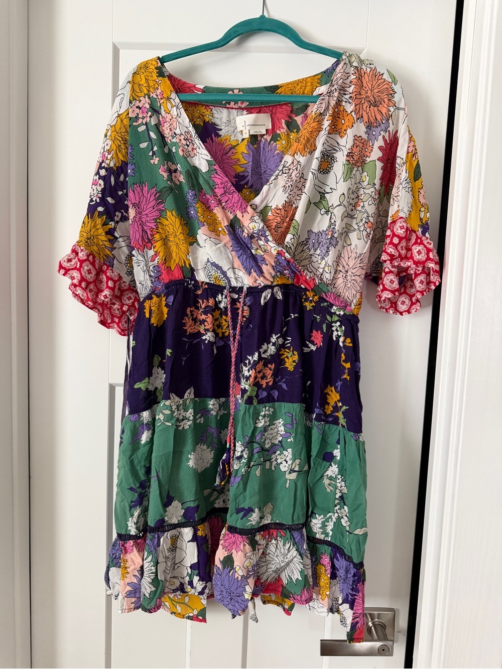 Anthropologie Floral Patchwork Short Dress in Green, Purple & White